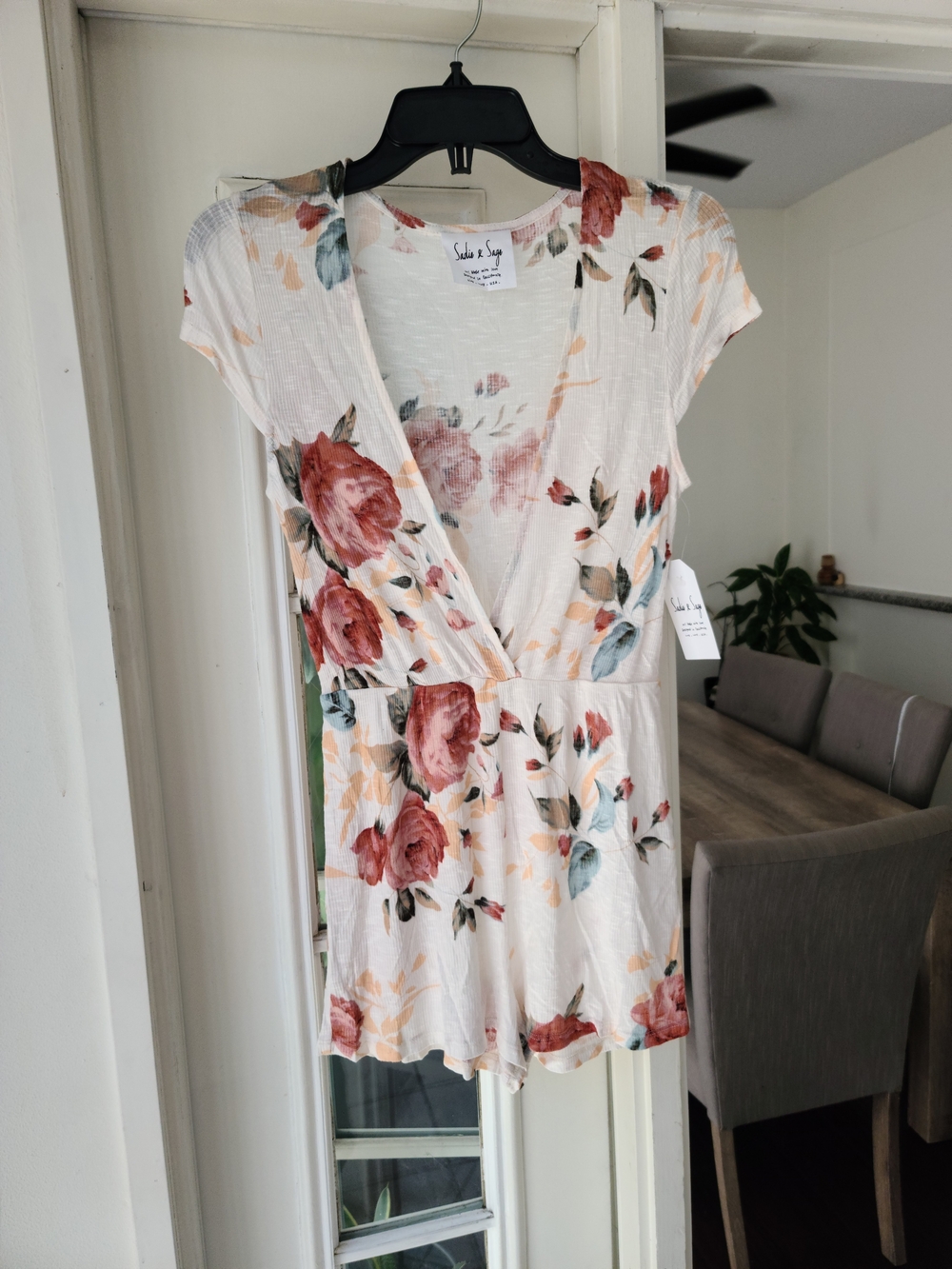 Sadie & Sage Cream Floral Wrap Romper with Blush Rose and Sage Accents